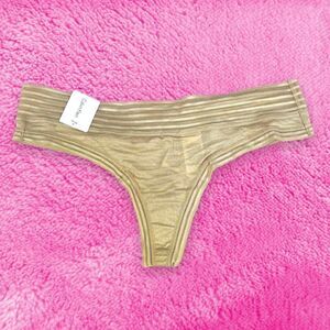 Beige Striped Mesh Thong 